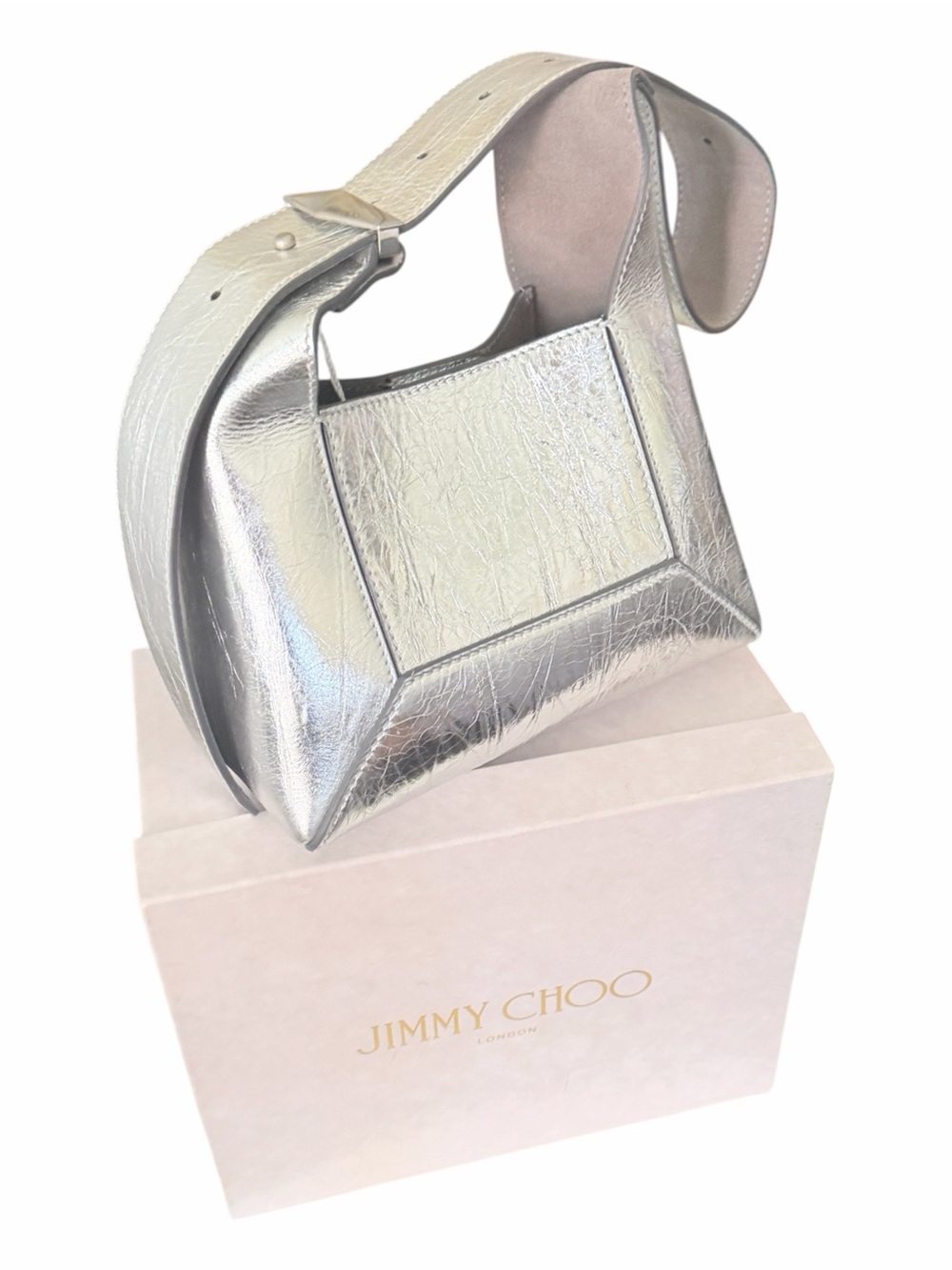 Jimmy Choo Diamond Hobo/S Silver Metallic Leather Shoulder Bag NWT & Box